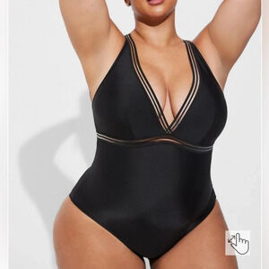 Torrid Shadow Stripe Inset Wireless One Piece Swimsuit V Neck Black 4 (4X)